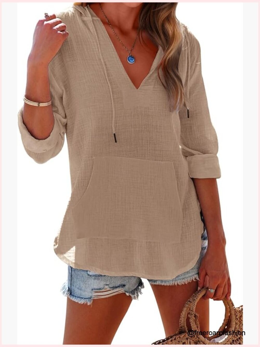Long Sleeve V Neck Hooded Beach Cover Up Tunic with Kangaroo Pocket